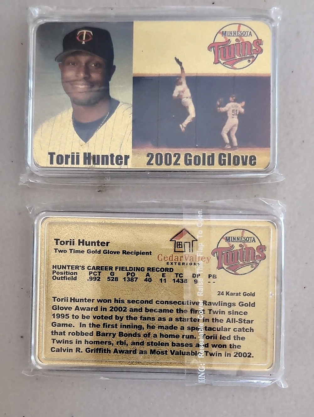 Torii Hunter 2002 Gold Glove Minnesota Twins Gold Glove Card